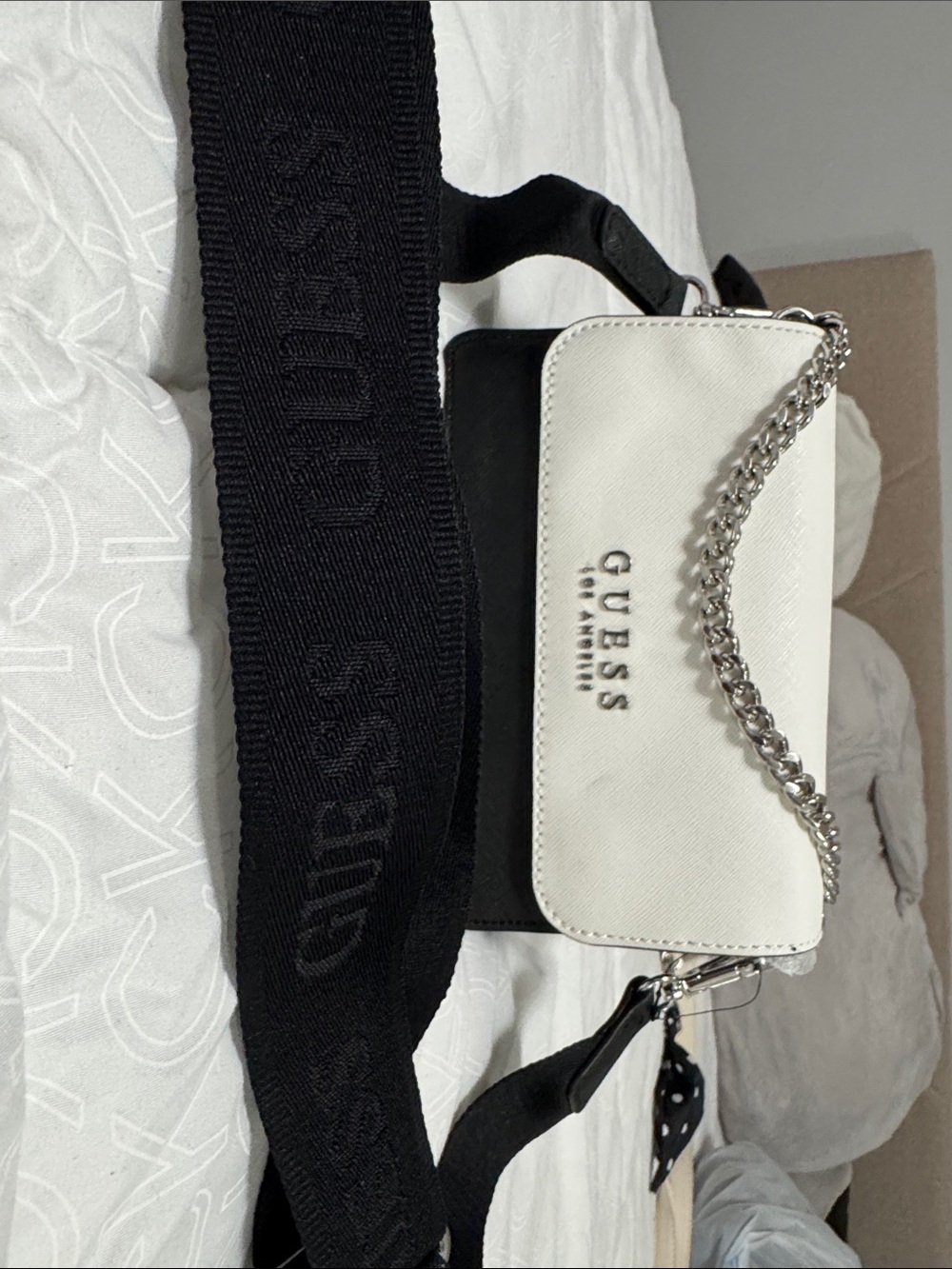 GUESS White and Black Crossbody Bag with Chain Detail